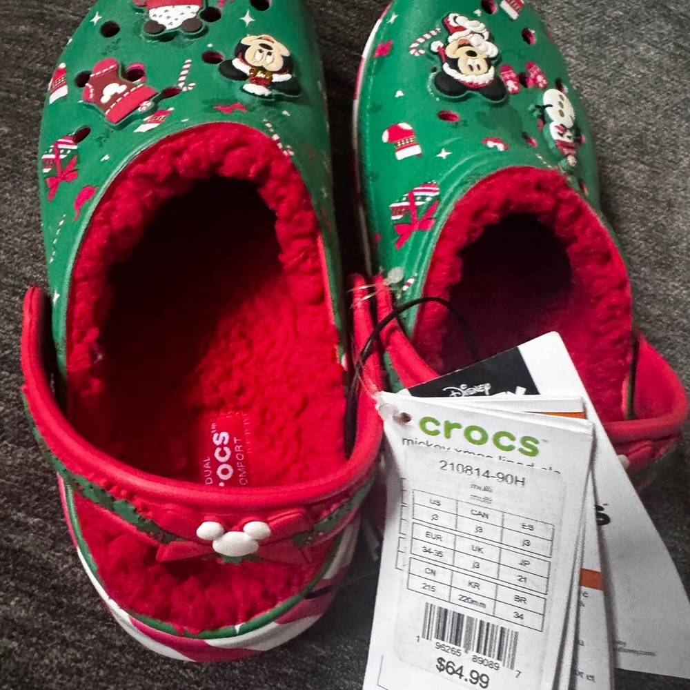 2024 Disney Fleece Lined Mickey Minnie Holiday Christmas Crocs Clogs Kids J 3